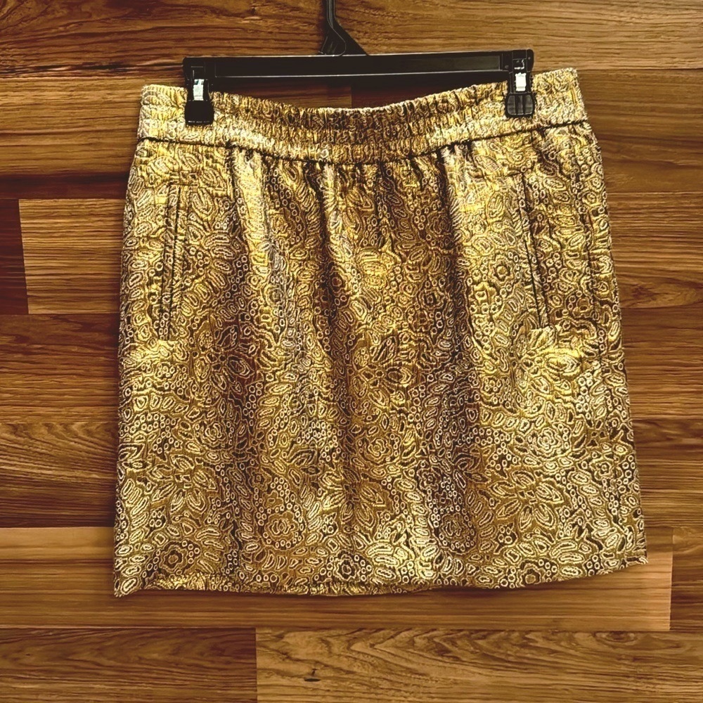 Loft Gold Metallic Brocade Lined Pockets Elastic Waist Mini Skirt M NWT